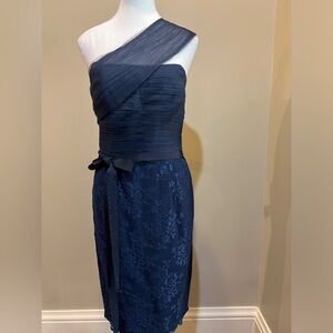 Monique Lhuillier One-Shoulder Navy Blue Lace Dress